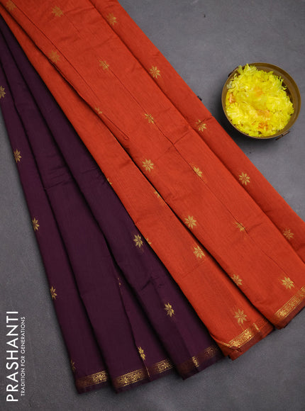 Semi maheswari cotton saree deep purple and rustic orange with zari woven buttas and small zari woven border