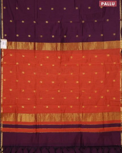 Semi maheswari cotton saree deep purple and rustic orange with zari woven buttas and small zari woven border