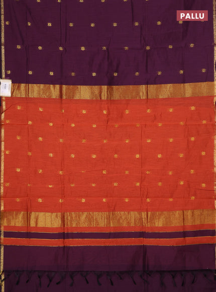 Semi maheswari cotton saree deep purple and rustic orange with zari woven buttas and small zari woven border