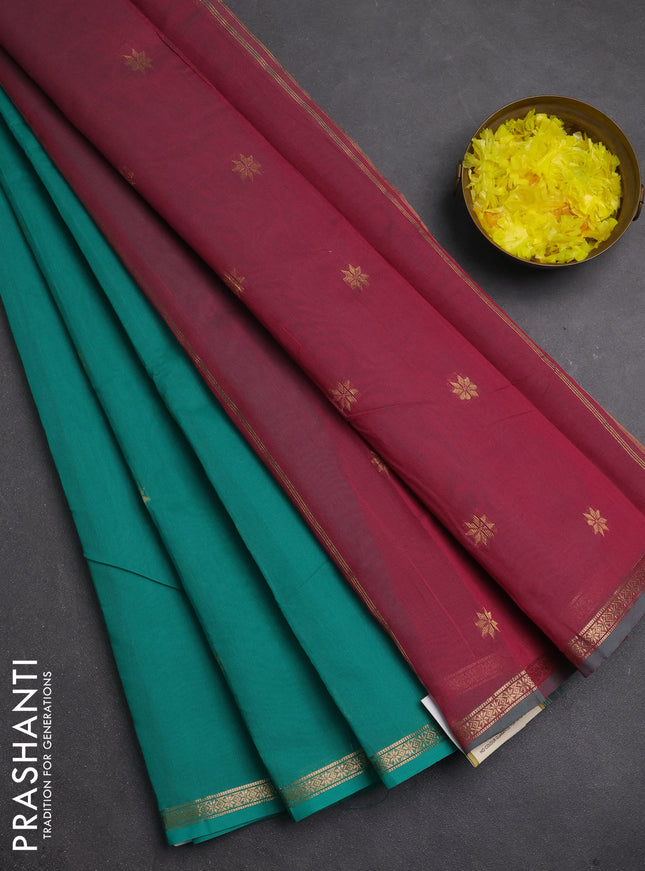 Semi maheswari cotton saree teal green and pink shade with zari woven buttas and small zari woven border