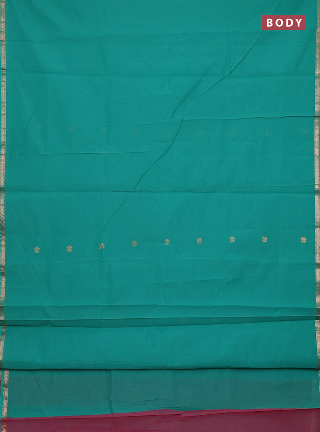 Semi maheswari cotton saree teal green and pink shade with zari woven buttas and small zari woven border
