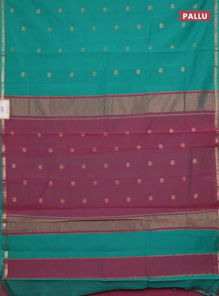Semi maheswari cotton saree teal green and pink shade with zari woven buttas and small zari woven border