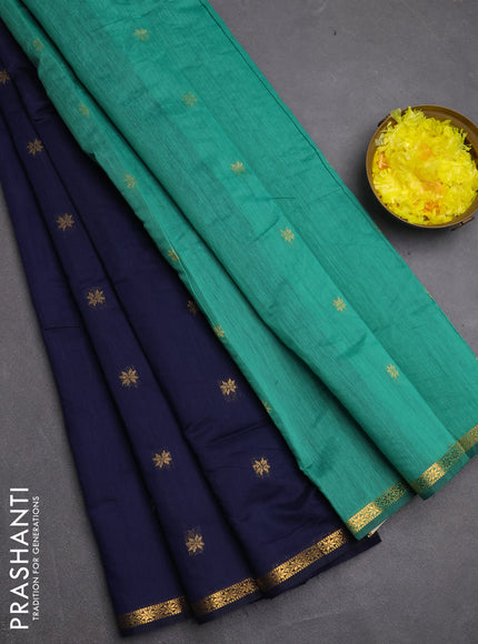 Semi maheswari cotton saree navy blue and teal green with zari woven buttas and small zari woven border