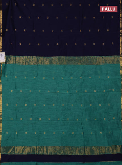 Semi maheswari cotton saree navy blue and teal green with zari woven buttas and small zari woven border