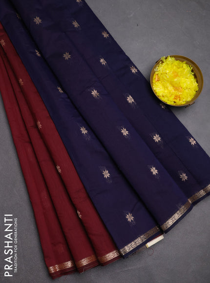 Semi maheswari cotton saree maroon and navy blue with zari woven buttas and small zari woven border