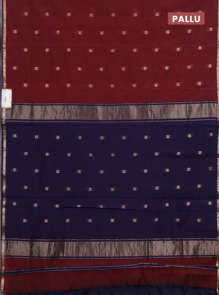 Semi maheswari cotton saree maroon and navy blue with zari woven buttas and small zari woven border