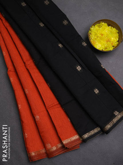 Semi maheswari cotton saree rustic orange and black with zari woven buttas and small zari woven border