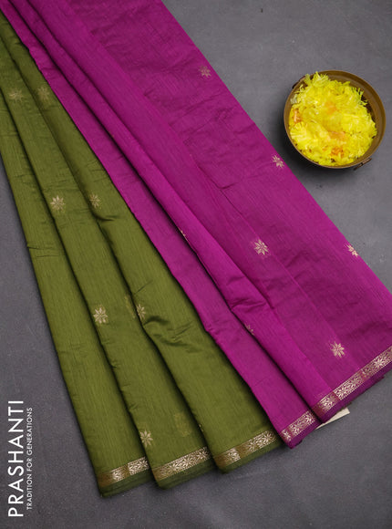 Semi maheswari cotton saree mehendi green and magenta pink with zari woven buttas and small zari woven border