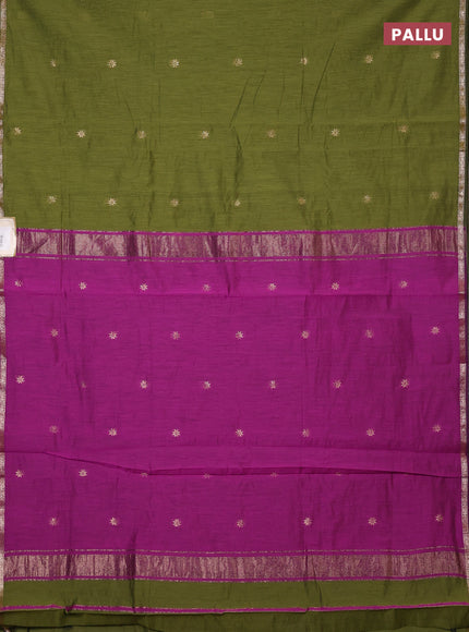 Semi maheswari cotton saree mehendi green and magenta pink with zari woven buttas and small zari woven border