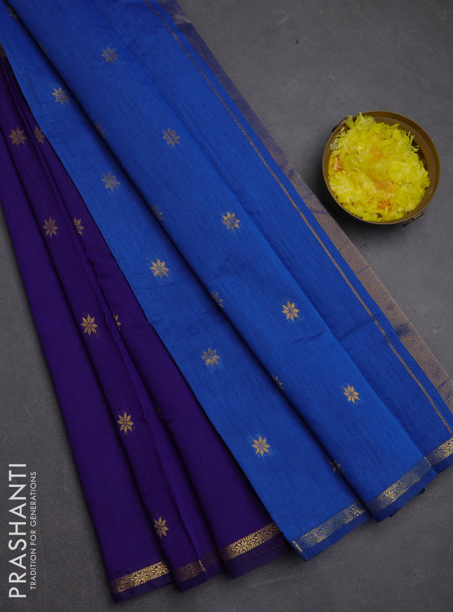 Semi maheswari cotton saree violet and blue with zari woven buttas and small zari woven border