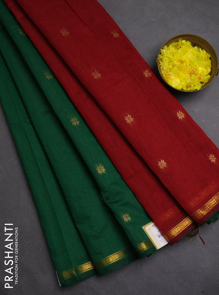 Semi maheswari cotton saree green and maroon with zari woven buttas and small zari woven border