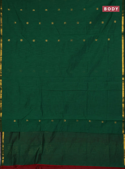 Semi maheswari cotton saree green and maroon with zari woven buttas and small zari woven border