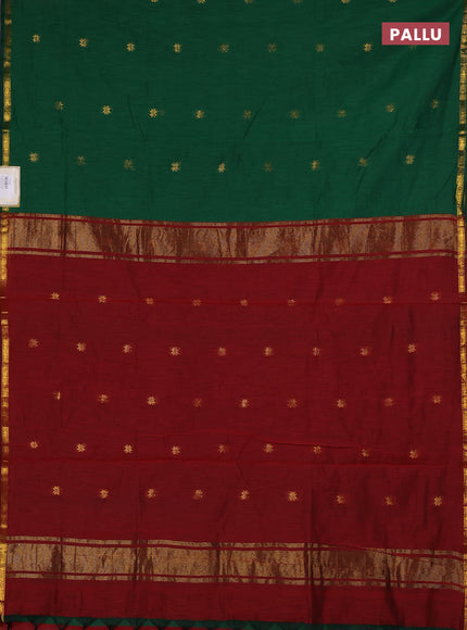 Semi maheswari cotton saree green and maroon with zari woven buttas and small zari woven border