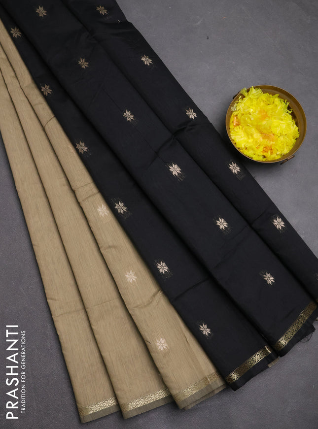 Semi maheswari cotton saree pastel green and black with zari woven buttas and small zari woven border
