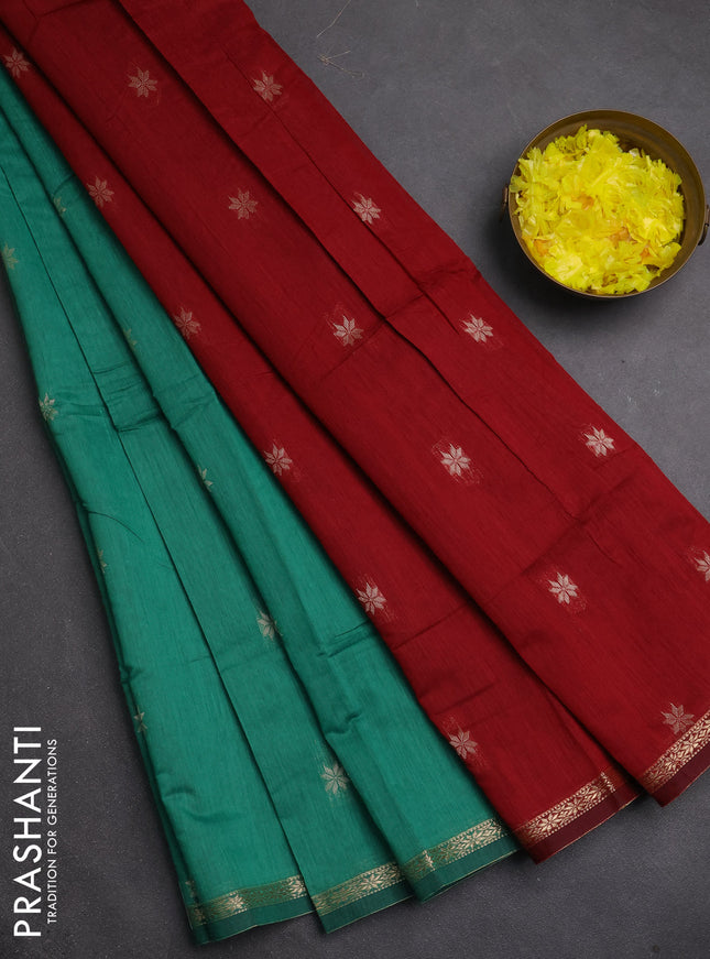 Semi maheswari cotton saree green and maroon with zari woven buttas and small zari woven border
