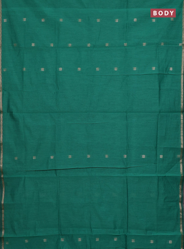 Semi maheswari cotton saree green and maroon with zari woven buttas and small zari woven border