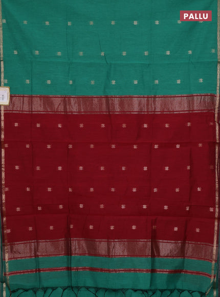 Semi maheswari cotton saree green and maroon with zari woven buttas and small zari woven border