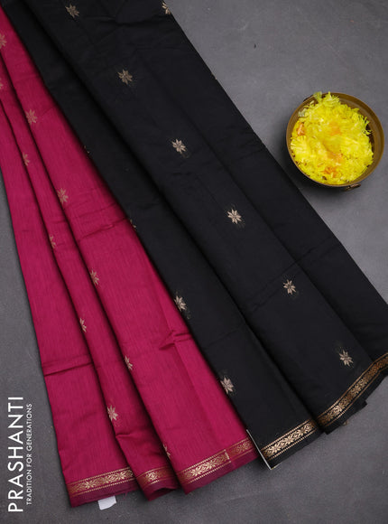 Semi maheswari cotton saree magenta pink and black with zari woven buttas and small zari woven border