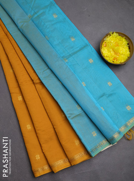 Semi maheswari cotton saree mustard yellow and teal blue with zari woven buttas and small zari woven border
