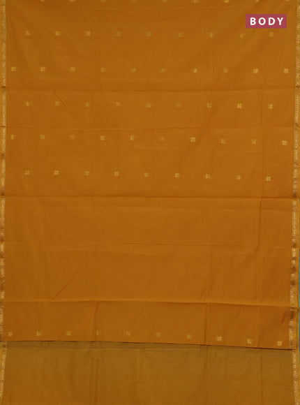 Semi maheswari cotton saree mustard yellow and teal blue with zari woven buttas and small zari woven border