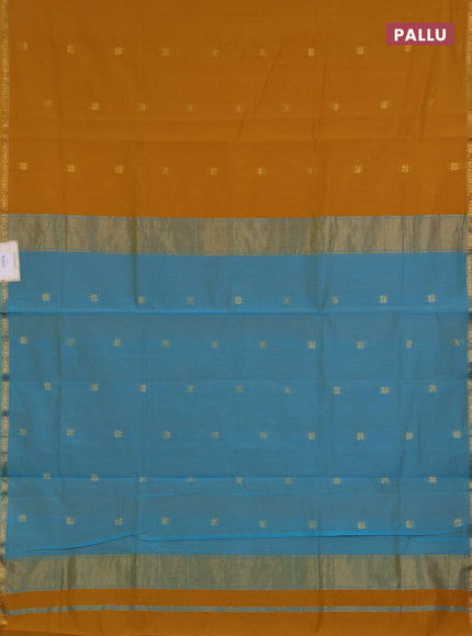 Semi maheswari cotton saree mustard yellow and teal blue with zari woven buttas and small zari woven border