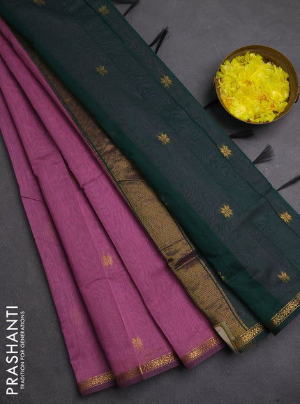 Semi maheswari cotton saree onion pink and bottle green with zari woven buttas and small zari woven border