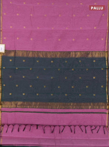 Semi maheswari cotton saree onion pink and bottle green with zari woven buttas and small zari woven border
