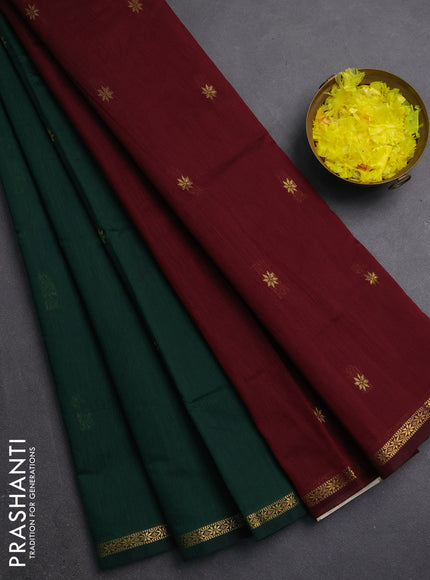Semi maheswari cotton saree bottle green and maroon with zari woven buttas and small zari woven border