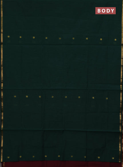 Semi maheswari cotton saree bottle green and maroon with zari woven buttas and small zari woven border