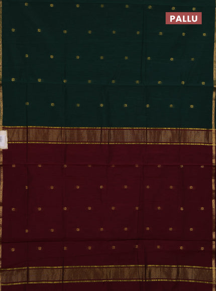 Semi maheswari cotton saree bottle green and maroon with zari woven buttas and small zari woven border