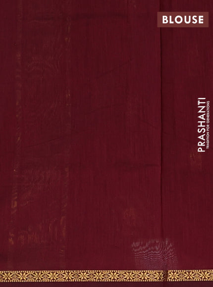 Semi maheswari cotton saree bottle green and maroon with zari woven buttas and small zari woven border