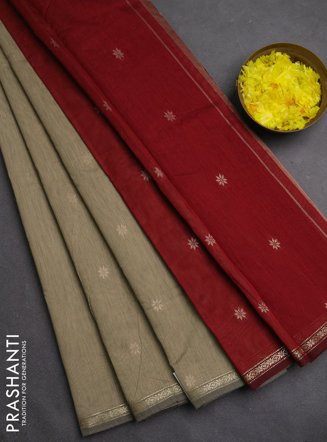 Semi maheswari cotton saree dark beige and maroon with zari woven buttas and small zari woven border