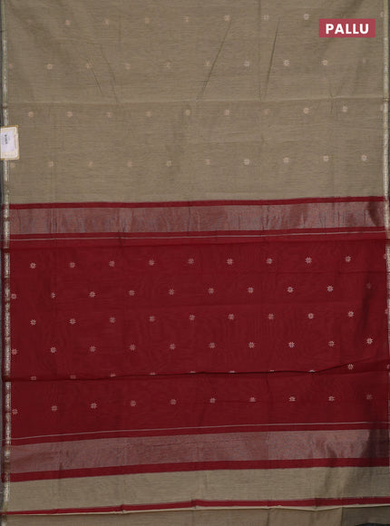 Semi maheswari cotton saree dark beige and maroon with zari woven buttas and small zari woven border