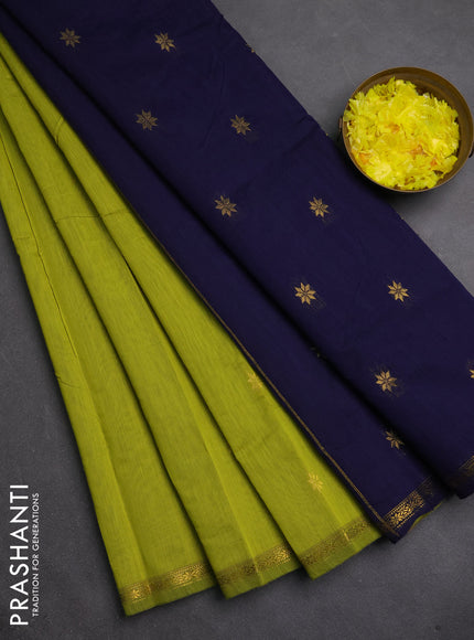 Semi maheswari cotton saree lime green and navy blue with zari woven buttas and small zari woven border