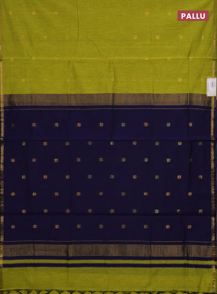 Semi maheswari cotton saree lime green and navy blue with zari woven buttas and small zari woven border