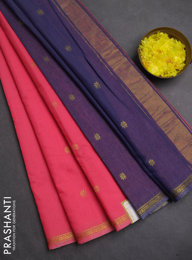 Semi maheswari cotton saree peach pink and blue with zari woven buttas and small zari woven border