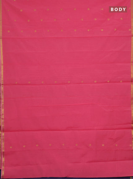 Semi maheswari cotton saree peach pink and blue with zari woven buttas and small zari woven border