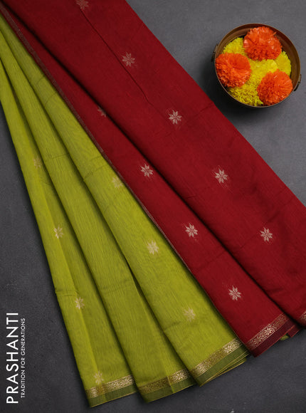 Semi maheswari cotton saree lime green and maroon with zari woven buttas and small zari woven border