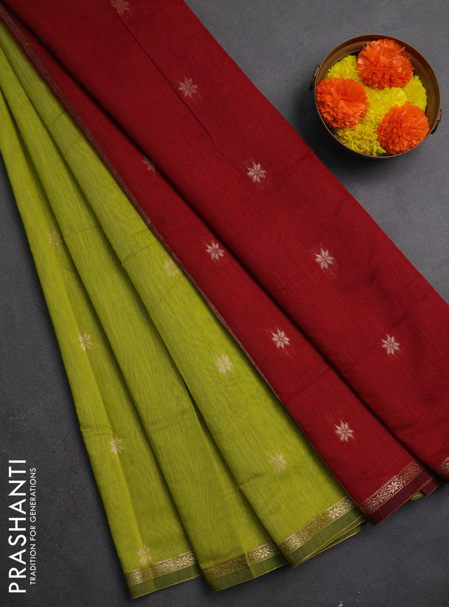 Semi maheswari cotton saree lime green and maroon with zari woven buttas and small zari woven border