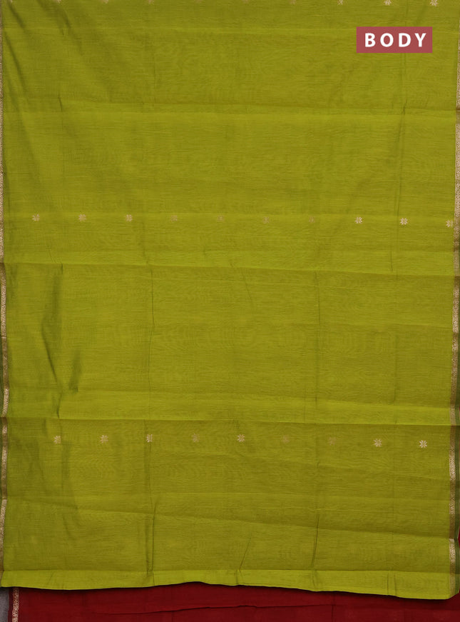Semi maheswari cotton saree lime green and maroon with zari woven buttas and small zari woven border