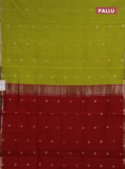 Semi maheswari cotton saree lime green and maroon with zari woven buttas and small zari woven border
