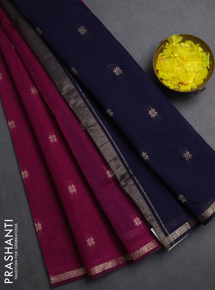 Semi maheswari cotton saree magenta pink and navy blue with zari woven buttas and small zari woven border