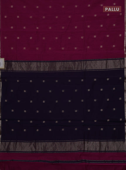 Semi maheswari cotton saree magenta pink and navy blue with zari woven buttas and small zari woven border