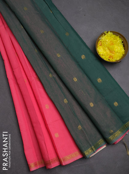 Semi maheswari cotton saree peach pink and green with zari woven buttas and small zari woven border