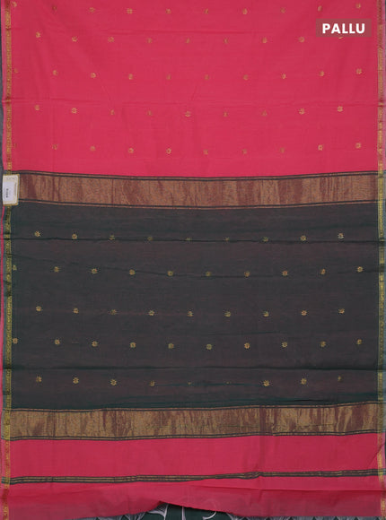 Semi maheswari cotton saree peach pink and green with zari woven buttas and small zari woven border