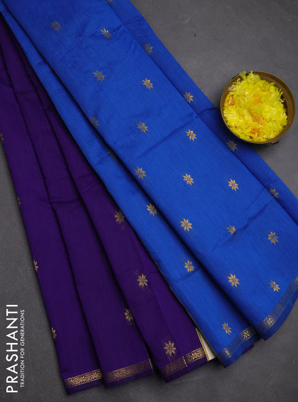 Semi maheswari cotton saree violet and blue with zari woven buttas and small zari woven border