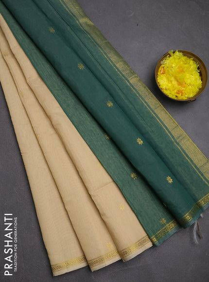 Semi maheswari cotton saree beige  and green with zari woven buttas and small zari woven border