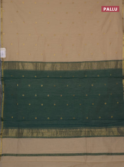 Semi maheswari cotton saree beige  and green with zari woven buttas and small zari woven border