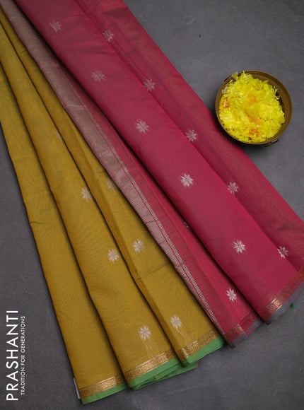 Semi maheswari cotton saree mehendi green and pink shade with zari woven buttas and small zari woven border