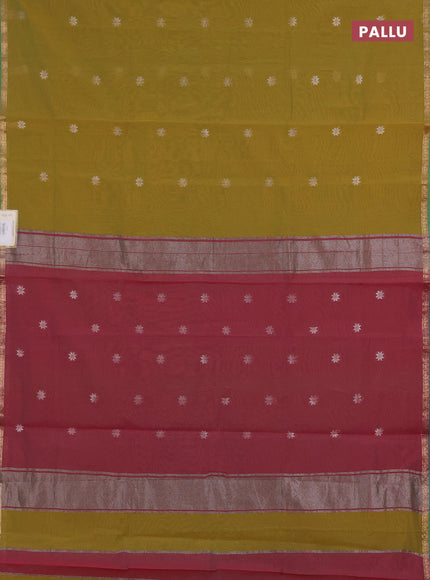 Semi maheswari cotton saree mehendi green and pink shade with zari woven buttas and small zari woven border